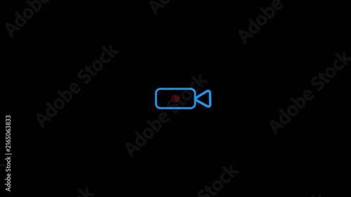 Green neon video camera icon, blending geometric shapes with a square body and triangular lens, radiating in purple against a contrasting black backdrop for a cutting-edge visual effect.
