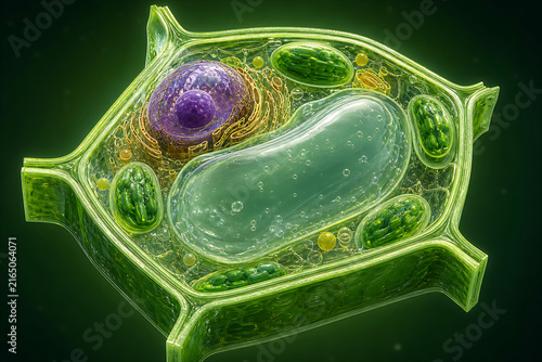 Detailed 3D Cross-Section of a Green Plant Cell Showing Organelles and Nucleus