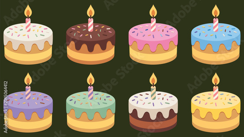set of colorful birthday cakes with candles and icing, festive dessert illustrations, sweet party treats, celebration bakery symbols, birthday party decorations, delicious confectionery, joyful event