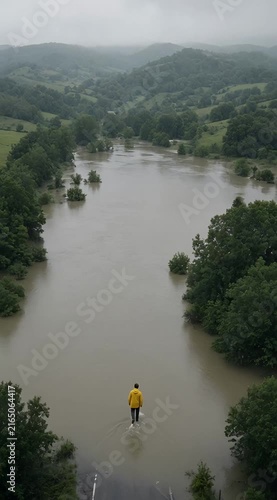 Solitary Figure in Yellow Raincoat Standing on Submerged Road Surrounded by Floodwaters and Greenery