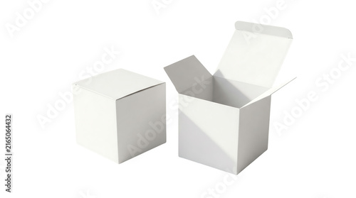 Set of white paper gift boxes open and closed as cut out PNG