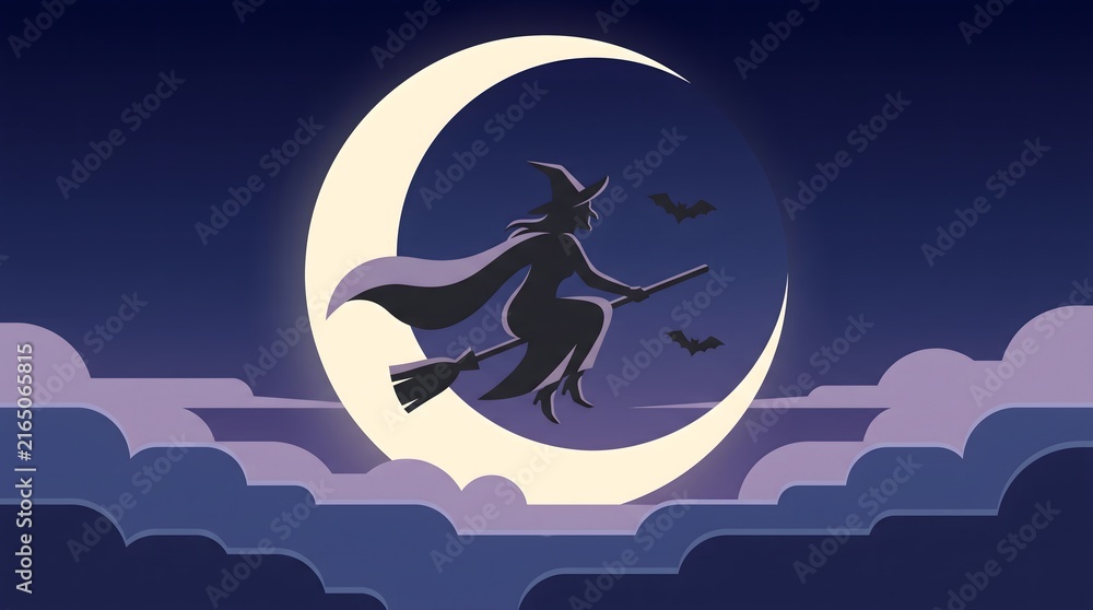 Fototapeta premium A spooky silhouette of a witch flying on a broomstick across a bright crescent moon for happy halloween celebrations