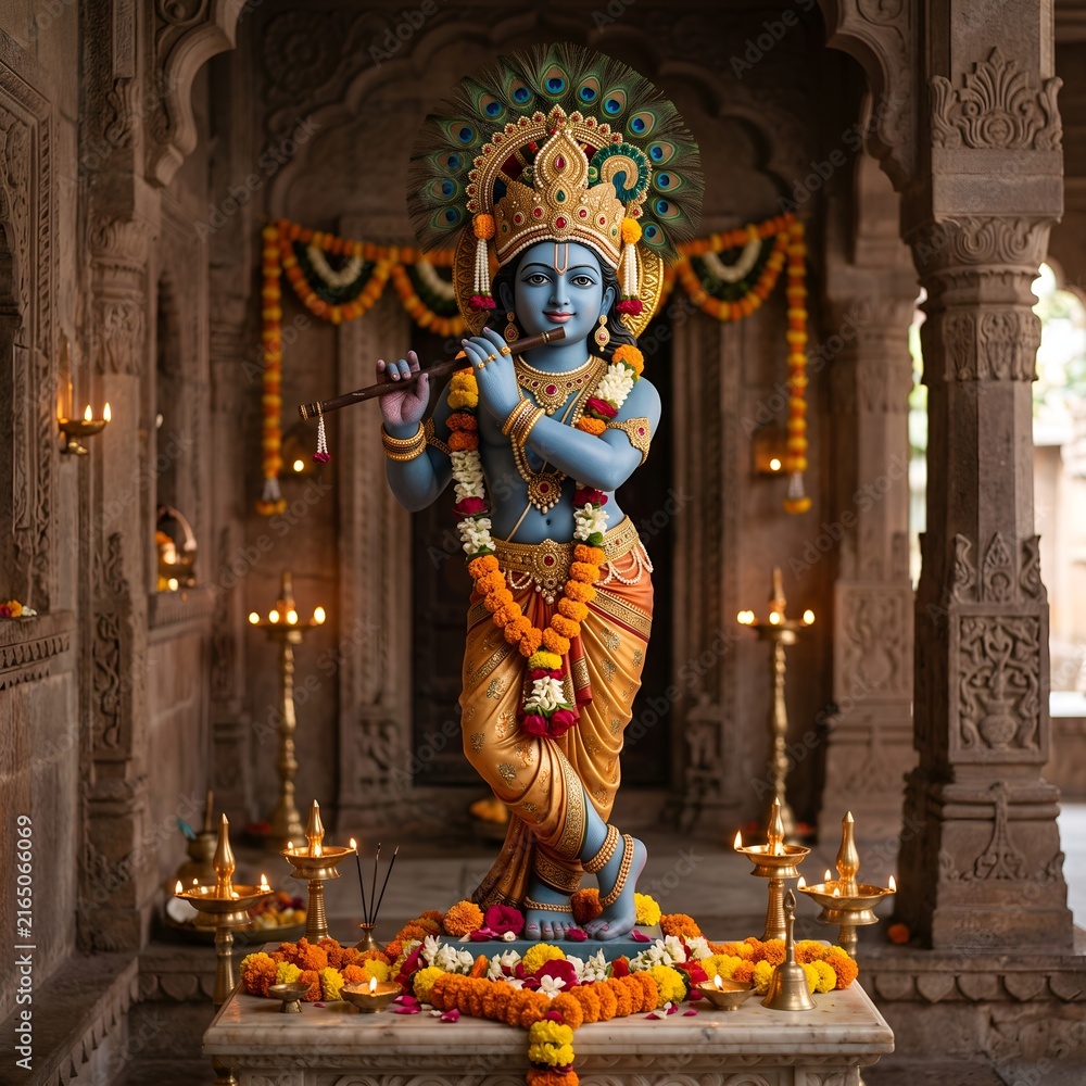 Fototapeta premium Beautiful Lord Krishna Idol Decorated With Flowers and Golden Jewelry in Traditional Indian Temple Setting