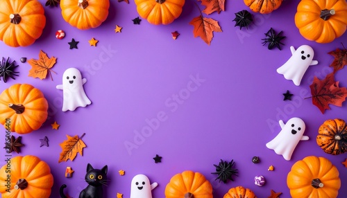 かわいいハロウィンのデコレーション背景、紫色の背景とおばけやかぼちゃのポップな秋素材