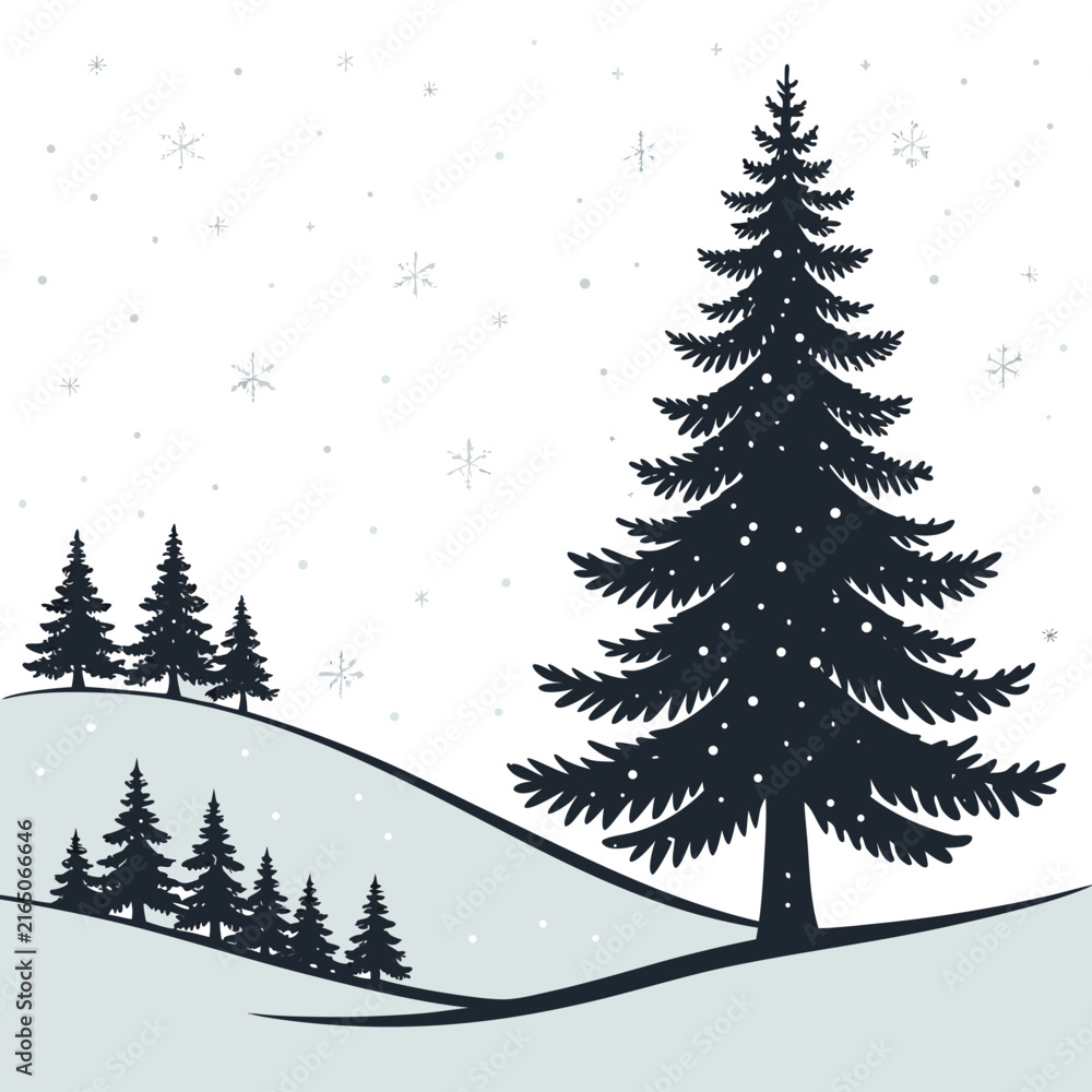 Fototapeta premium Dark evergreen tree silhouette against a winter landscape with falling snow