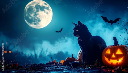 満月の夜にかぼちゃの前に座る黒猫、幻想的なハロウィンの夜景背景