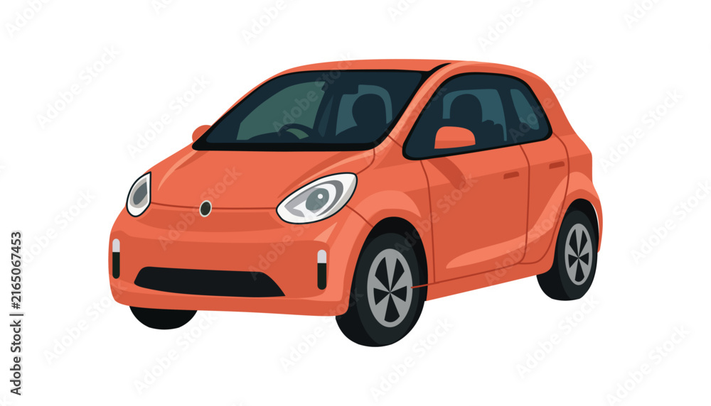 Fototapeta premium Illustrated Red Compact Car Isolated. Minimalist Red Car. Stylish Red Compact Automobile. Red City Car.