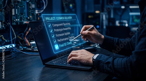 Engineer managing project delivery checklist on futuristic laptop, ensuring meticulous quality control and successful innovation within a high-tech development environment