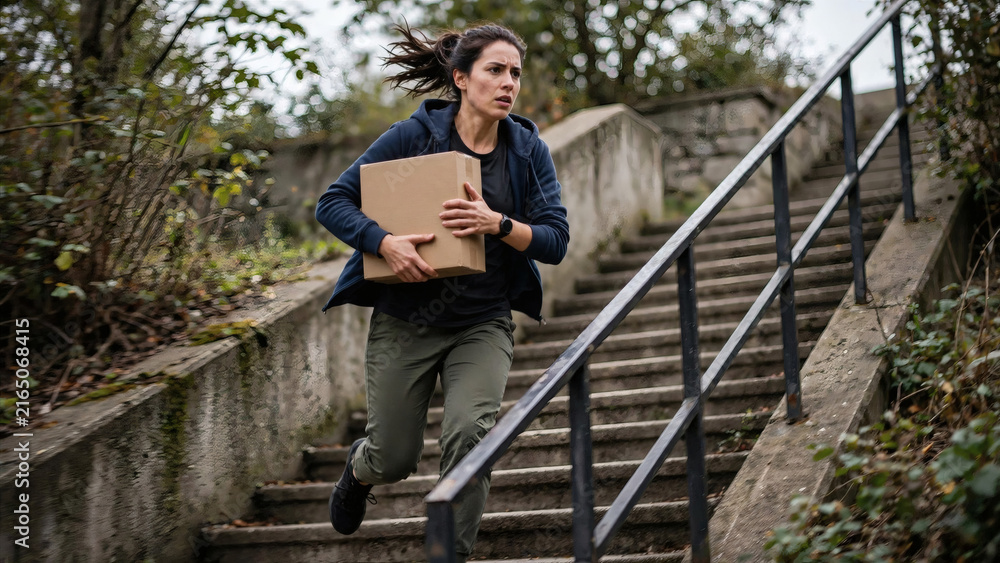 Fototapeta premium Woman courier running up outdoor stairs with package
