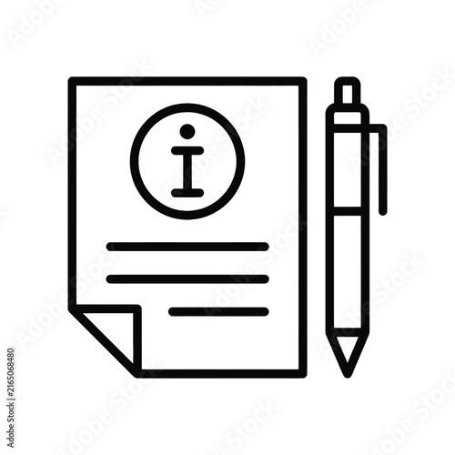 Information document icon with a pen, representing a registration form, user manual, or informational guide for business and educational purposes