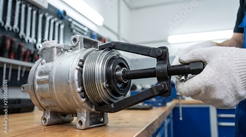Auto mechanic using a specialized gear puller tool to remove a pulley from an automotive air conditioning compressor in a professional vehicle repair workshop