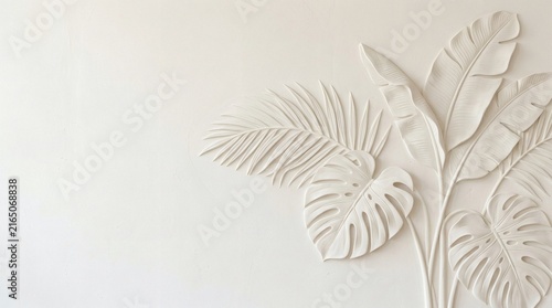 White 3D plaster relief featuring monstera and palm leaves on a textured wall for minimalist interior decor.