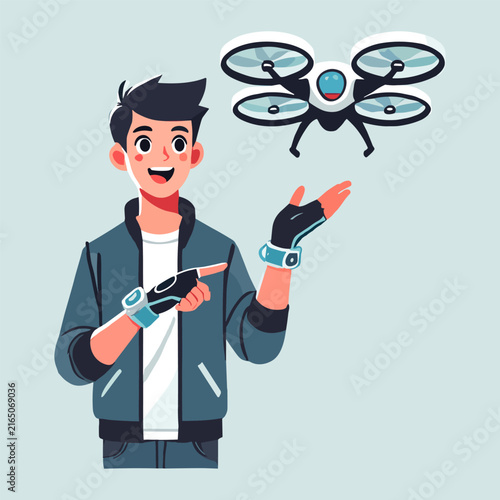 Young Man Operating A Futuristic Drone With Wearable Technology In Flat Illustration Style