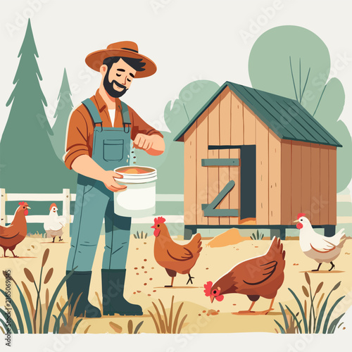 Flat Illustration Of Bearded Farmer Feeding Chickens In Front Of A Wooden Coop On A Sunny Farmstead