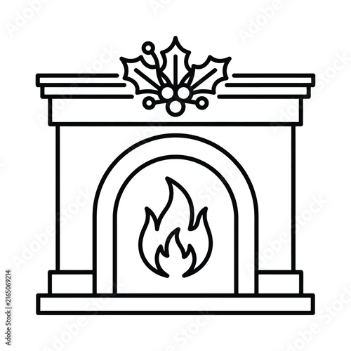 Christmas fireplace with burning fire and holly decoration, festive holiday interior element, line art icon