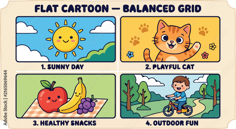 Fototapeta premium Cartoon grid displays scenes of a sun, playful cat, healthy fruit snacks, and a boy riding a bike.