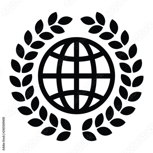 Global icon with laurel wreath, symbol of international achievement, peace, and excellence, vector illustration