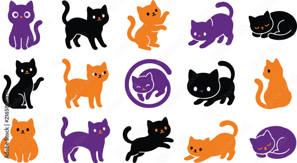 Obraz premium Halloween Cute cartoon cat icon set, feline character collection, playful kitty illustrations in orange, black, purple, vector graphics for toys and children's design elements isolated on White