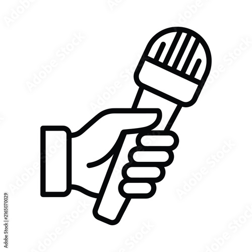 Hand holding a microphone icon, vector illustration of a reporter or singer holding a mic for interview or performance, simple line art design