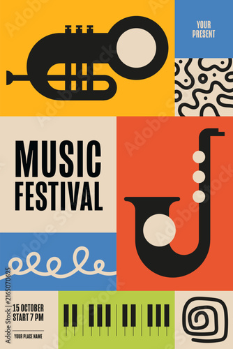 Retro Jazz Music Festival Poster Template with Trumpet, Saxophone, Piano Key