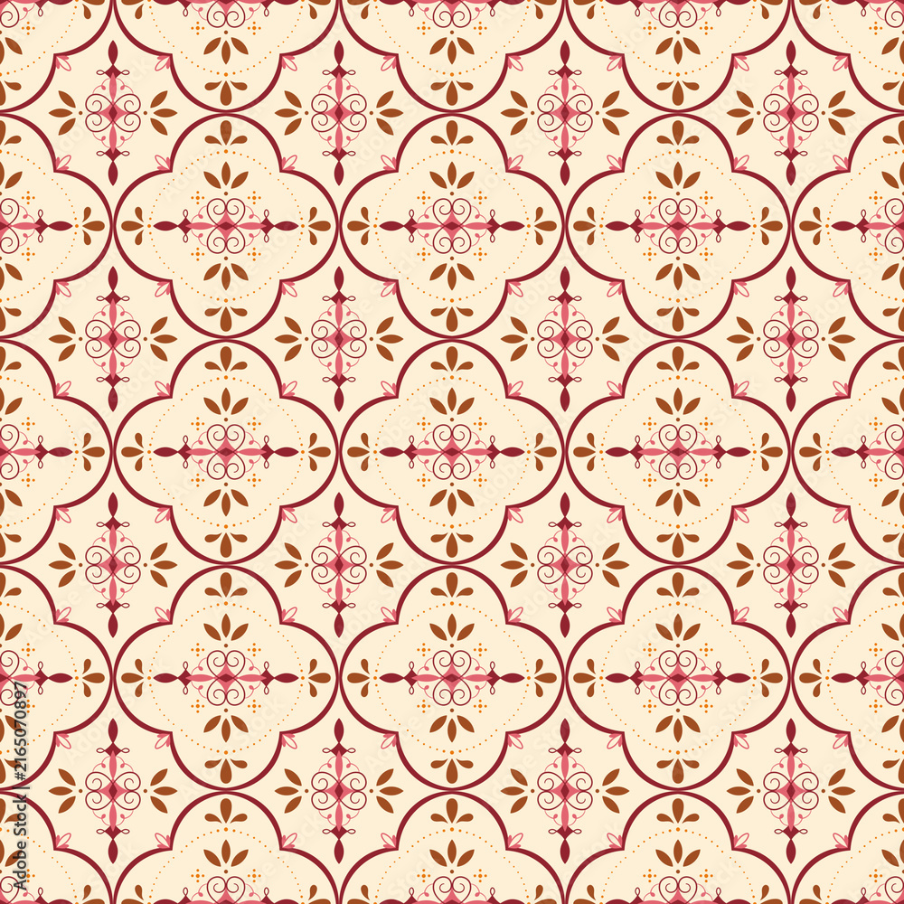 Fototapeta premium Maroon and brown floral motifs with light cream background, elegant vector seamless pattern.
