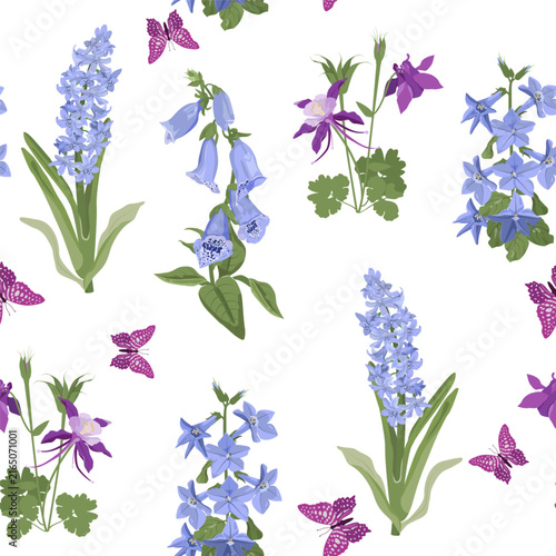 Seamless vector illustration of wildflowers and butterflies against a white background. Perfect for decorating textiles and packaging.