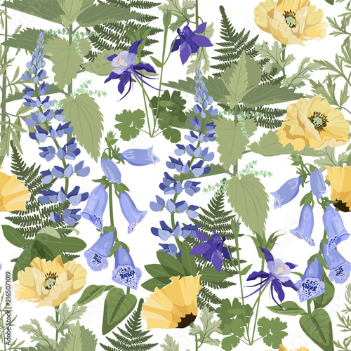 Seamless vector illustration of wildflowers and grasses against a white background, perfect for decorating textiles and packaging.