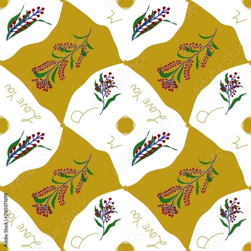 seamless pattern with socks Elegant seamless pattern featuring botanical branches red berries and Love You calligraphy on a gold and white diagonal grid