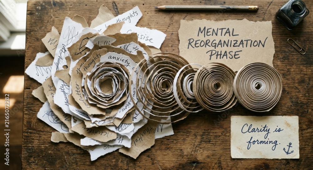 Naklejka premium Torn Paper Spirals Representing Mental Reorganization Phase on Wooden Surface