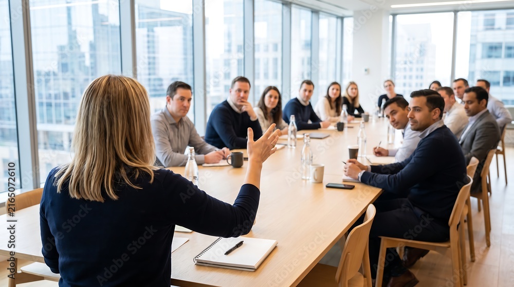 Obraz premium Professional businesswoman presenting during corporate board meeting in modern high rise office with colleagues sitting around long wooden conference table