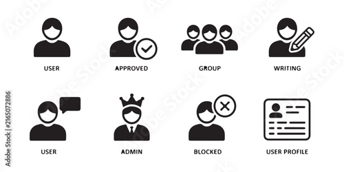 set of black silhouette user icons illustrating various roles and statuses for web pages.