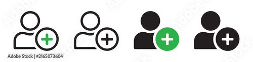 add user icon design, person silhouette with green or black plus sign for new contact.