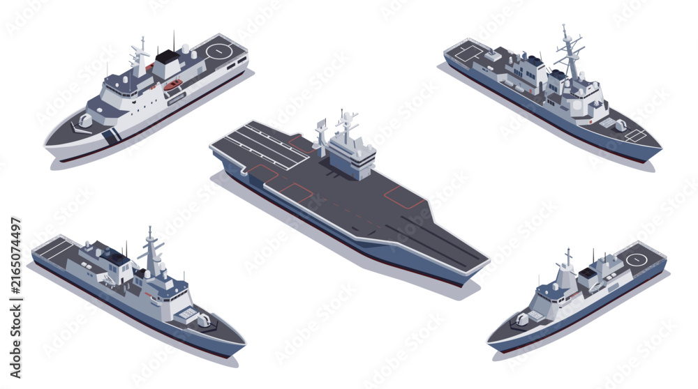 Obraz premium Isometric Military Naval Fleet Collection: Aircraft Carrier Destroyers Frigates and Patrol Boats.