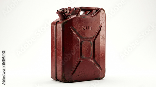 Vintage Red Metal Jerry Can 20 Liter Fuel Container Isolated on White