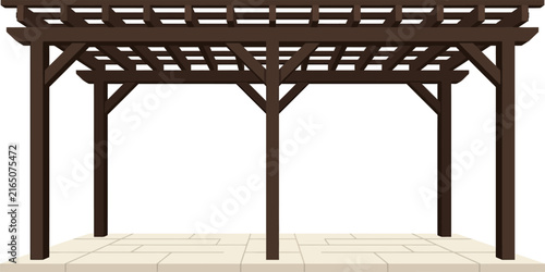 Minimalist dark wood pergola on stone tile base isolated on white