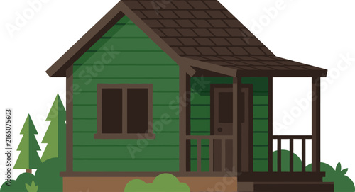 Flat vector illustration of a green wooden cabin in the woods