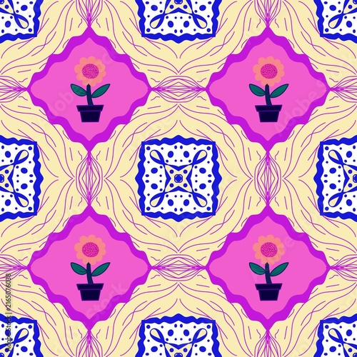 seamless pattern with flowers Whimsical seamless pattern with potted flowers in purple frames and blue tile ornaments on a yellow wavy background