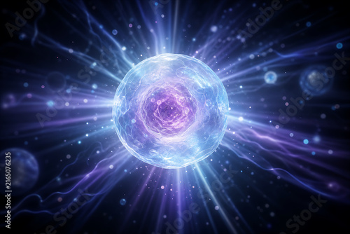 Glowing Human  Egg Cell Radiating Energy Light Rays in Deep Space 3D Render