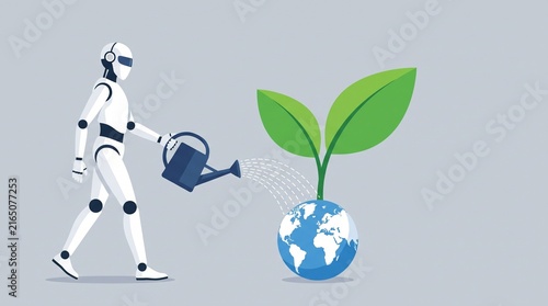 Futuristic robot watering green plant growing from earth globe concept for sustainable technology future