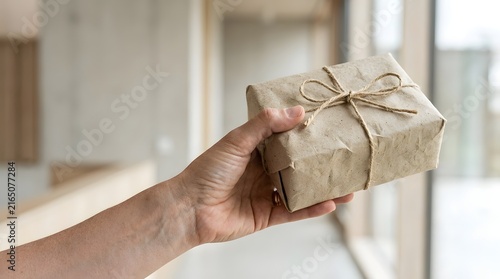 Hand Holding Gift Box Wrapped in Brown Paper with Twine
