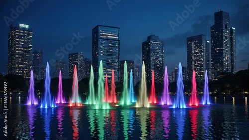 Night City Fountain Light Show Across Skyline.