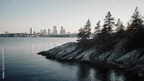 Coastal Rocks and Pine Trees with City Skyline Reflections.