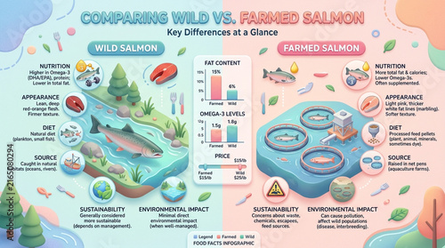 Wild vs Farmed Salmon Infographic Comparison Health Nutrition and Environmental Impact