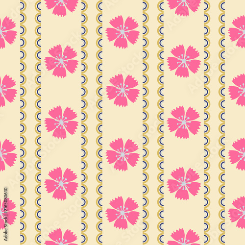 Folk art oriental japanese floral seamless pattern. Floral stripe wallpaper pattern in pink and cream tones with Seigaiha wave.