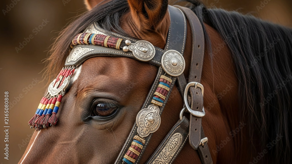 Naklejka premium Close-up of brown horse wearing decorative bridle with intricate red and white stitching details