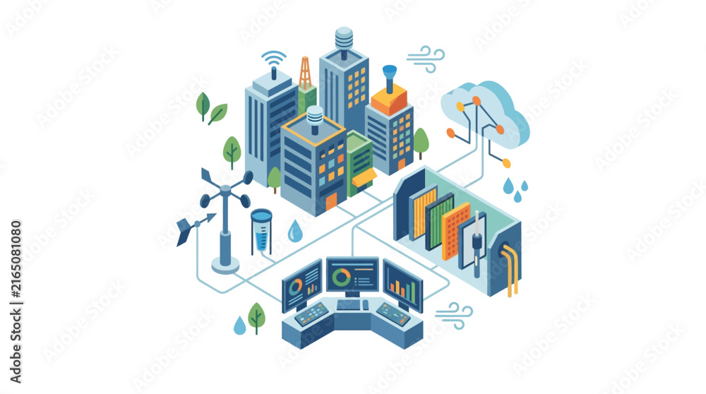 Obraz premium Isometric Smart City Skyline with Weather Station, Cloud Data Servers and Control Room