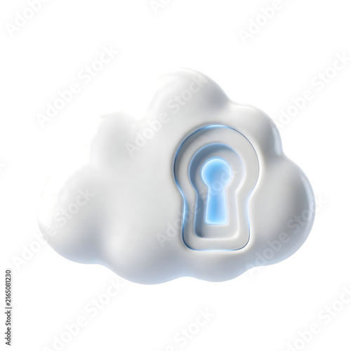 3D White Glossy Cloud Security Icon with Keyhole for Data Protection, Isolated on White, Transparent Background