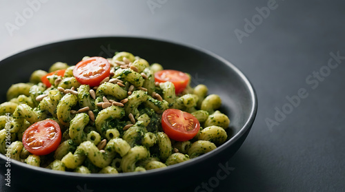 Fresh spinach pesto pasta with cherry tomatoes in a black bowl
