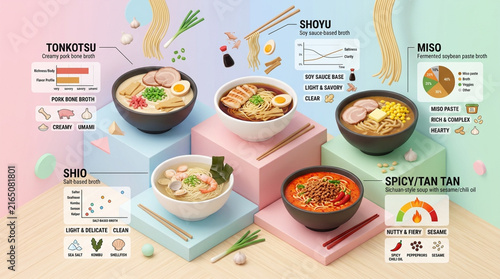 Isometric 3D Infographic of Japanese Ramen Types and Ingredients Guide