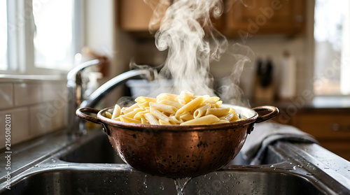 Steaming Hot Cooked Penne Pasta Draining in Vintage Copper Colander Over Kitchen Sink